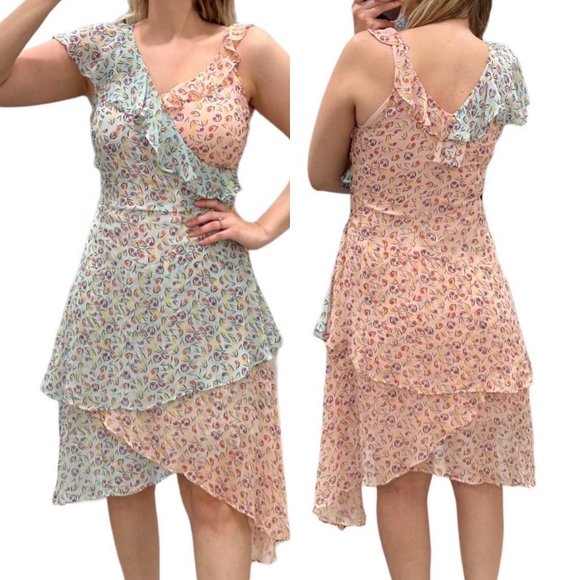 Anthropologie Dresses & Skirts - Anthropologie LAIA Mixed Floral Print Ruffle Asymmetrical Midi Dress Pink Blue